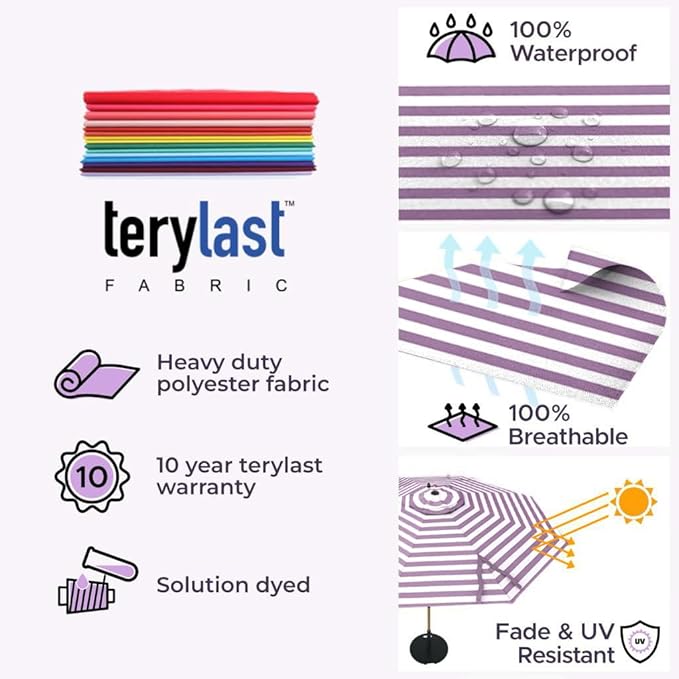 Midtown Umbrellas Wooden 2-8 Feet Outdoor Patio Umbrella, Terylast Purple & White Stripes Fabric, Aluminum Frame For Backyard Umbrella, Deck Umbrella, Garden Umbrella & Pool Umbrella - Wooden Pole