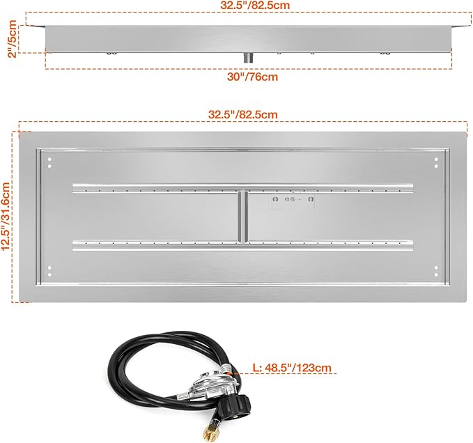 Onlyfire 30 x 10 Inch Drop-in Fire Pit Pan Kit, Rectangular Stainless Steel Propane Gas Firepit Pan with H Burner, Spark Ignition and Propane Hose Kit for Indoor or Outdoor DIY Fire Pit Fireplace