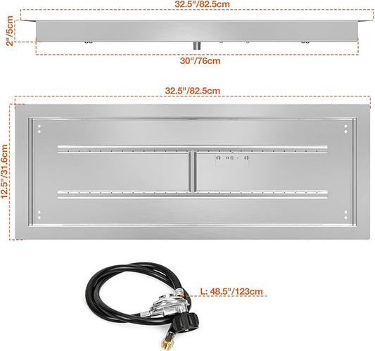 Onlyfire 30 x 10 Inch Drop-in Fire Pit Pan Kit, Rectangular Stainless Steel Propane Gas Firepit Pan with H Burner, Spark Ignition and Propane Hose Kit for Indoor or Outdoor DIY Fire Pit Fireplace