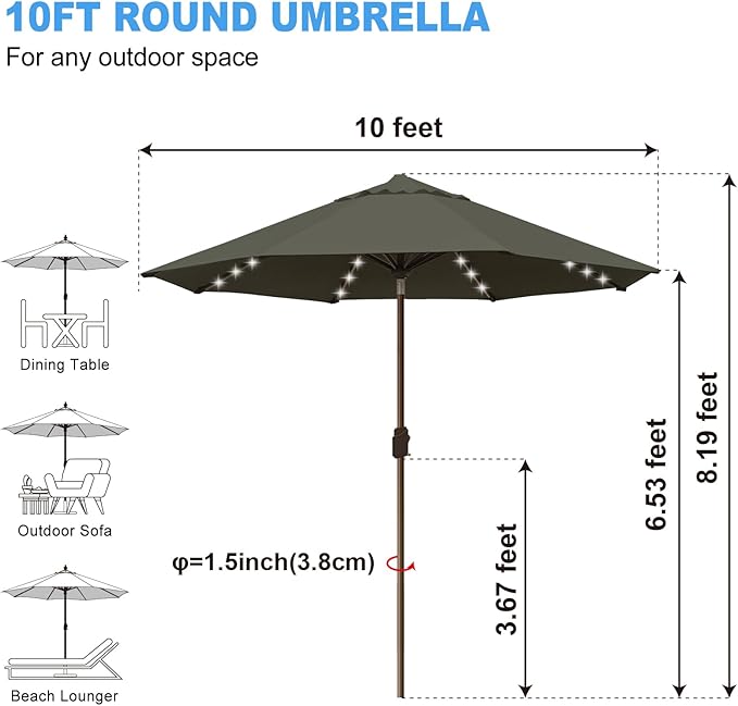 Eurmax USA 10-Year-Non-Fading 10Ft Solar Market Umbrella Outdoor Patio Umbrella Table Umbrella with LED Lights,8 Ribs,Hand Crank and Ventilation (Charcoal)