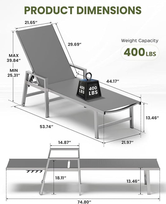 Patio Chaise Lounge Chair Outdoor with Wheels&Armrests, Aluminum Pool Lounge Chairs 5-Position Adjustable Recliner, Outdoor Beach Lounge Chairs for Poolside, Patio, Deck, Yard, Dark Gray