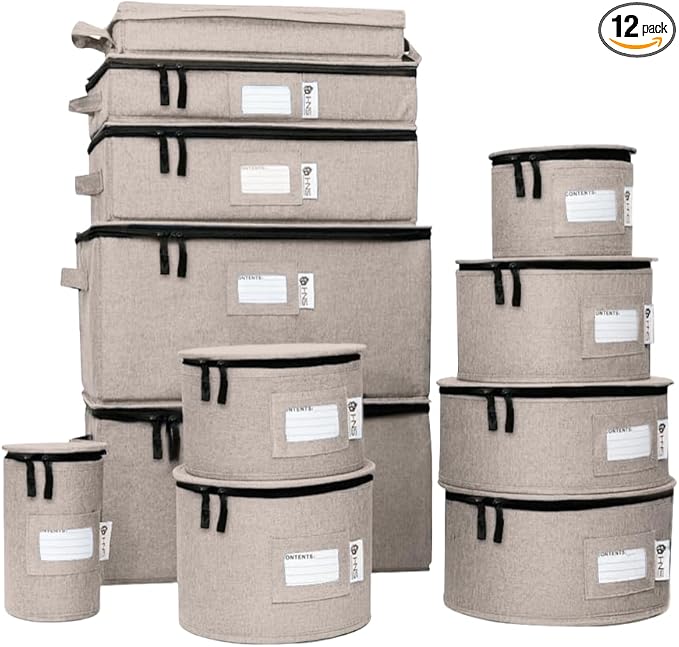 Hard Shell China Storage Containers 12-Piece Set Moving Boxes for Dinnerware, Glasses, Plates, Mugs and Saucers Sturdy Dish Organizer with Dividers for Seasonal Storage - Service for 12 - Brown