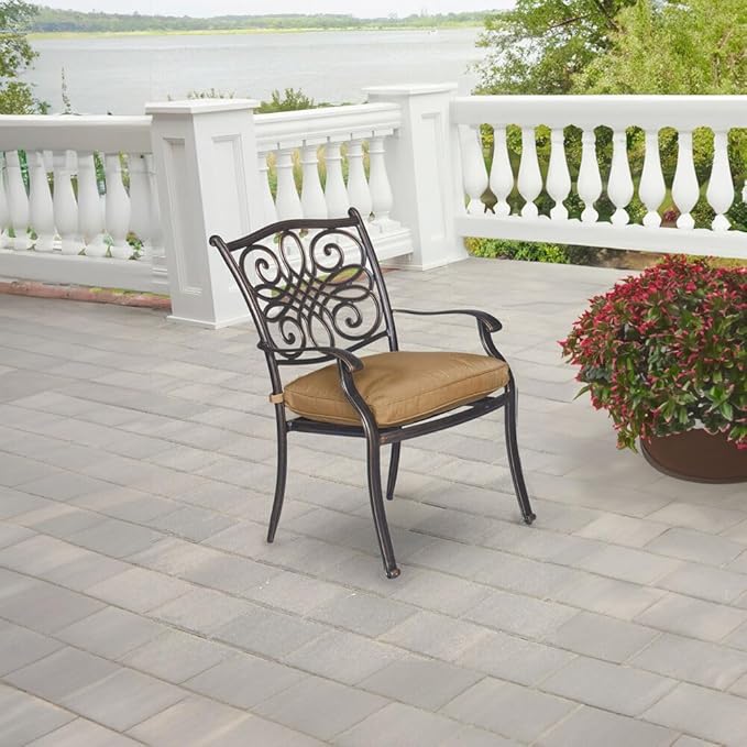 Hanover Traditions 9-Piece Patio Dining Set with 60" Square Cast-Top Dining Table and 8 Chairs with Tan Cushions, Modern All Weather Outdoor Dining Set with Rust-Resistant Aluminum Frames for Backyard