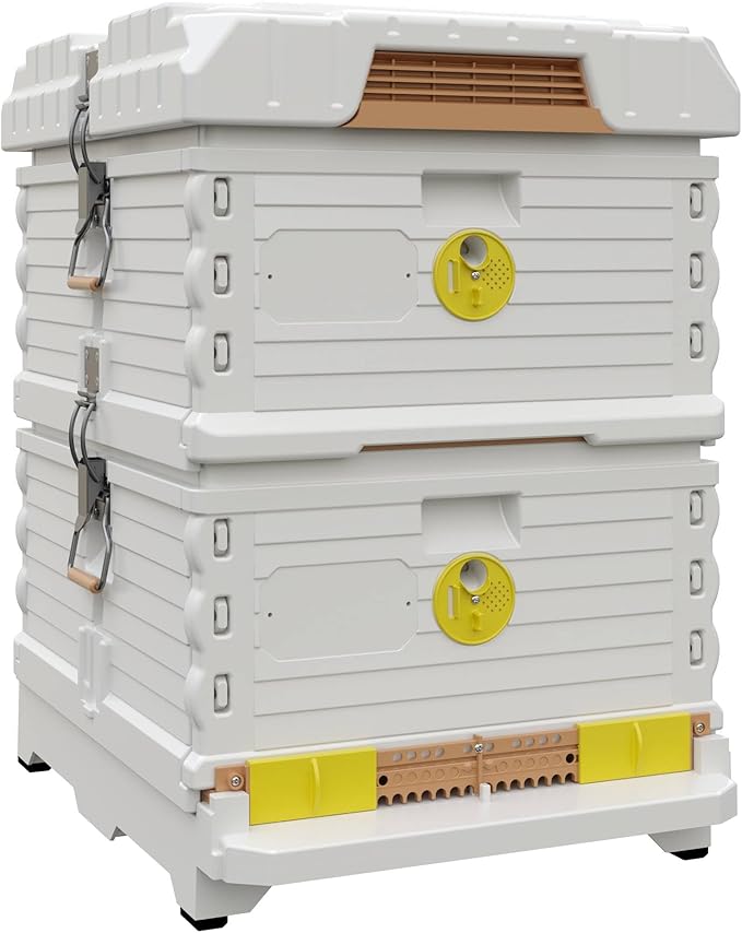 Apimaye Ergo Insulated 10 Frame Bee Hive Set [NO Frames Included] (Double Deep, White Body Yellow Entrance)