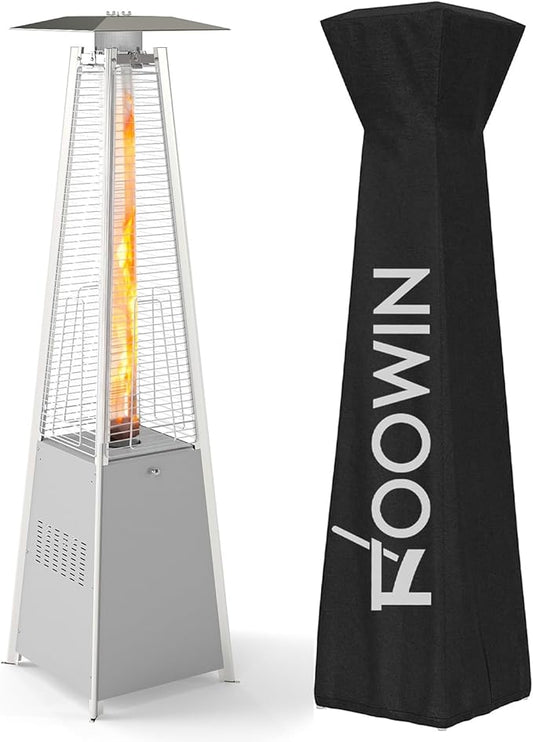 FOOWIN Propane Patio Heater, 48,000 BTU Outdoor Patio Heater with Wheels/Waterproof Cover & Gloves,Quartz Glass Tube Pyramid Outdoor Heater for Party,Backyard, Garden Silver Grey