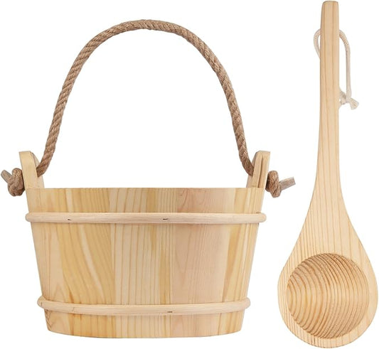 Wooden Sauna Bucket and Ladle Set, Handmade from Natural Pine with Rope Handle, 4L