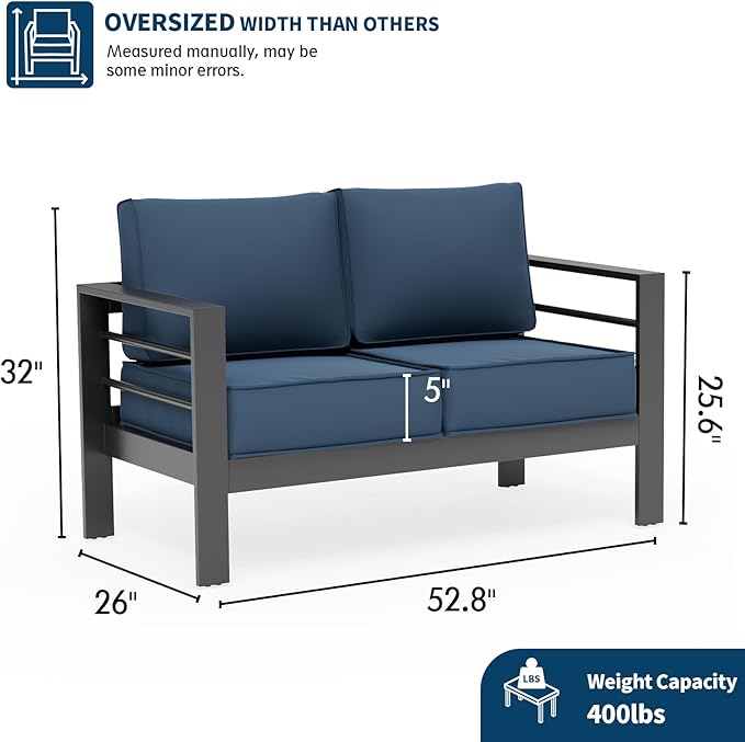 UDPATIO Outdoor Loveseat Aluminum Outdoor Furniture Sofa, Patio Seating Loveseat with 5" Thick Cushion and Waterproof Cover