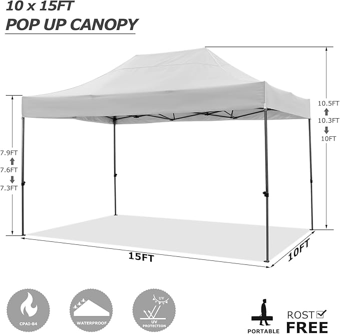 COBIZI 10x15 Pop Up Canopy Without Sidewall,Heavy Duty Canopy UPF 50+ All Season Wind Waterproof Commercial Outdoor Wedding Party Tents for Parties Gazebo with Carry Bag(10 x 15 ft White)