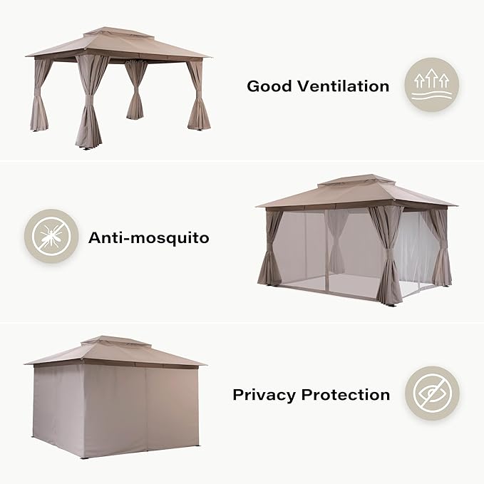 LAUSAINT HOME Gazebo 10x13ft, Heavy Duty Patio Gazebo with Expansion Bolts, Party Canopy Tent with Double Roofs, Mosquito Nettings and Privacy Screens for Backyard, Garden, Lawn, Khaki