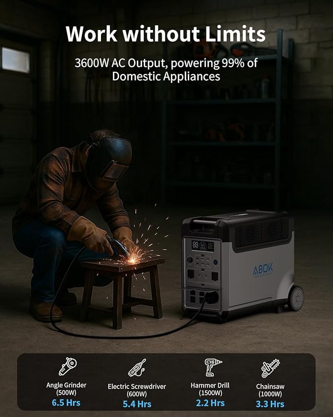 Portable Power Station, 3840Wh LiFePO4 Battery, 3600W Solar Generator for Garage, Home, Off-Grid Living, Camping, RVs, Car Refrigerator, Portable Air Conditioner