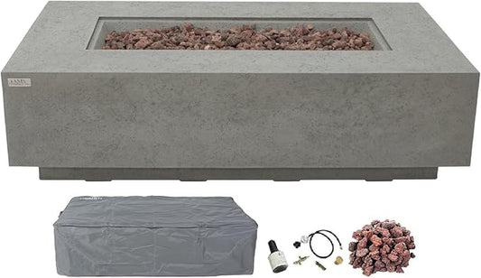 AMS Creations | Madison 60" Rectangular Propane Gas Outdoor Fire Pit Table | Light Gray Concrete GFRC | Limestone Texture or Surface | Electronic Ignition | Outside Backyard Fireplace