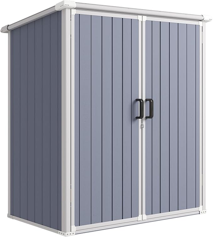 Aoxun 5 x 3 FT Outdoor Storage Shed, Resin Shed with Floor & Lockable Doors, Small Garden Shed Waterproof Plastic Tool Shed with Sloped Roof for Backyard, Garden, Patio, Lawn, Grey