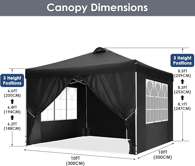 COBIZI Canopy Tent 10x10 Pop Up Outdoor Canopies with 4 Sidewalls Waterproof Commercial Instant Gazebo Tents for Party Patio Backyard with 4 Sandbags, 4 Stakes & 8 Ropes, Black