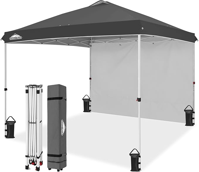 EAGLE PEAK Pop Up Canopy Tent with 1 Sidewall, Easy Setup Event Tent, Outdoor Sun Shade, Wheeled Carry Bag, Stakes and Guy Ropes, Instant Canopy 10x10, Gray