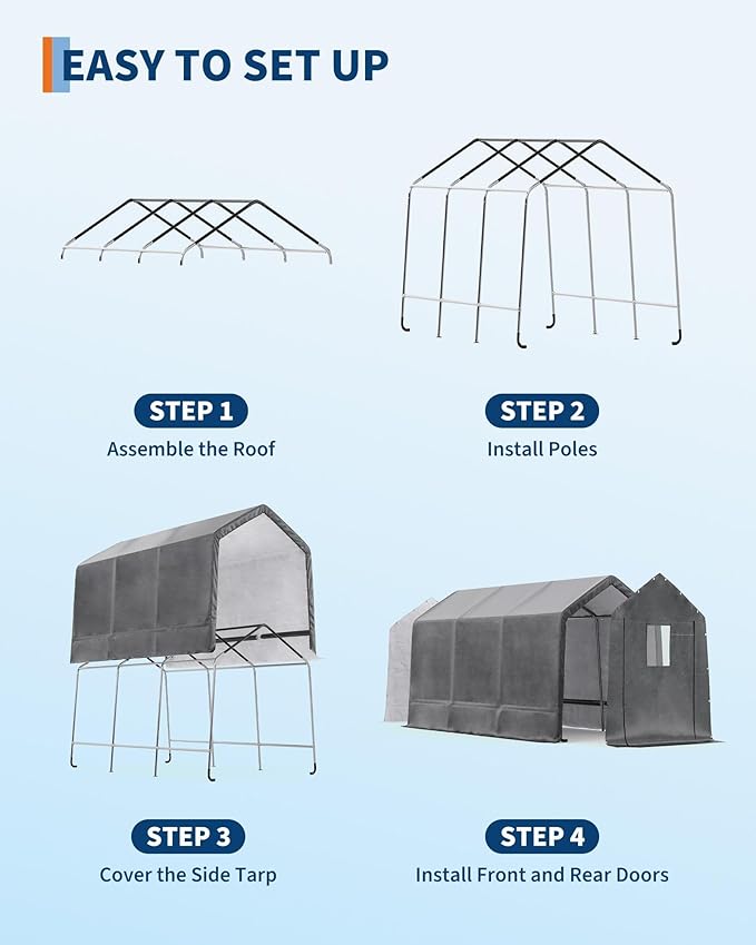 7X15 FT Heavy-Duty Portable Outdoor Storage Shed with Roll-Up Zipper Door & Vent, 240g Waterproof Carport Storage Shelter, UV-Resistant Canopy for Motorcycle, Firewood, Tools -Gray ﻿