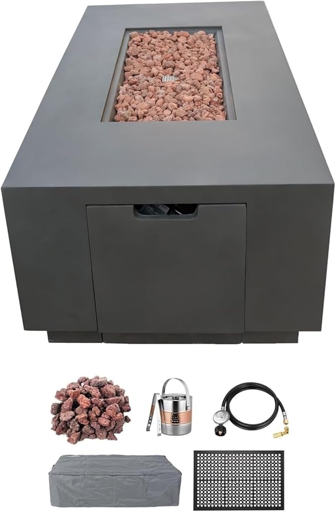 AMS Creations | Sedona Fire Pit Table with Pull-Out Propane Tank Storage Drawer | Concrete Rectangular Propane Fire Pit | Modern Outdoor Furniture | Lava Rock and Fabric Cover Included. (Dark Grey)