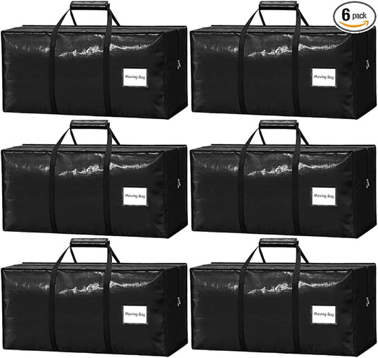 6 Pack Heavy Duty Moving Bags with Padded Wrap Around Handles-Strengthened Zipper Extra Large Storage Totes for Dorm College Clothes Black