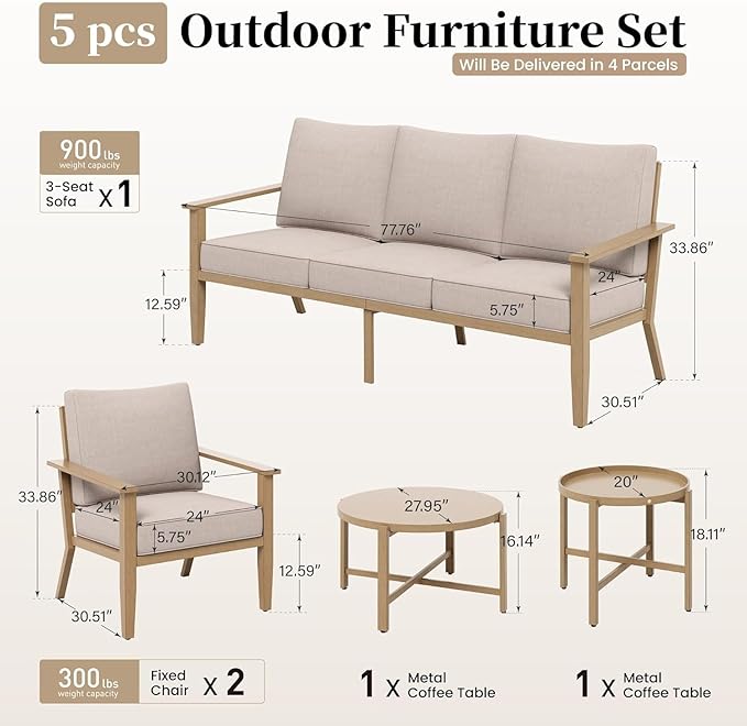 Patio Conversation Set,5 Pcs Metal Outdoor Furniture with 3-Seater Sofa,2 Single Chairs,Metal Nested Table and 5.75" Extra Thick Cushion for Lawn Garden Backyard,Beige