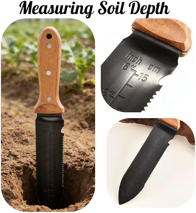 Hori Hori Garden Knife -Stainless Steel Blade with Oxford Sheath, Multi-Purpose Gardening Tool for Weeding, Digging, Planting, Cutting, Ergonomic Wooden Handle with Hanging Hole Gardening Hand Tools