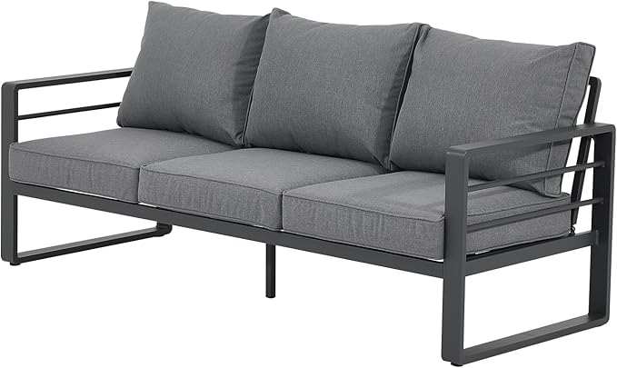Patiorama Aluminum Patio Furniture Set, Outdoor Patio 3-Seater Sofa, 3 Seats Couch, All Weather Dark Grey Metal Chair with Olefin Cushion, Deep Seating, 800 lbs Capacity, Deck, Garden-Grey Cushion