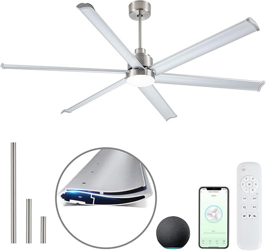 84" Smart Industrial Ceiling Fans with Light and Remote,6 Dual-Layer Aluminum Blades,Large Brushed Nickel Ceiling Fan with 6 Speed Noiseless DC Motor,Indoor/Outdoor Ceiling Fan for patio