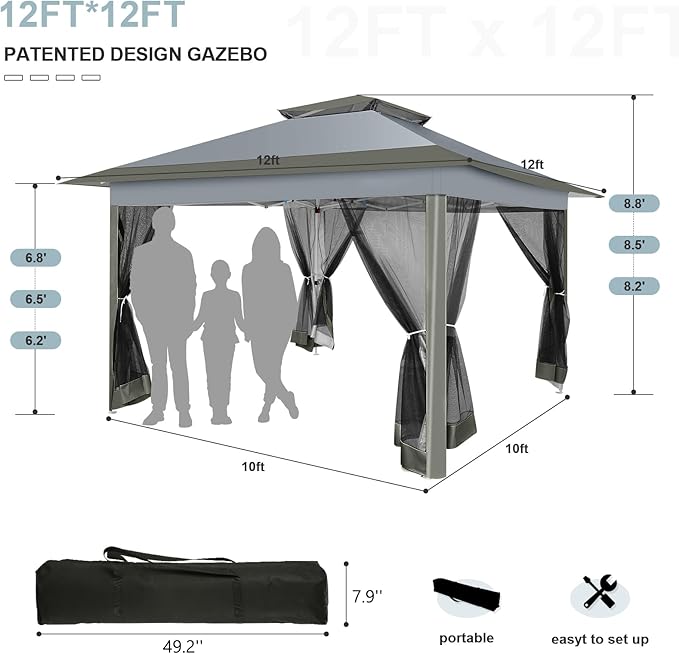 COBIZI 12x12 Pop up Gazebo on Clearance with Mosquito Netting & Sandbags, Outdoor Canopy Tent with 4 Ropes 8 Stakes & Portable Carrying Bag, Patio Portable Gazebo for Garden Backyard & Lawn,Darkgrey