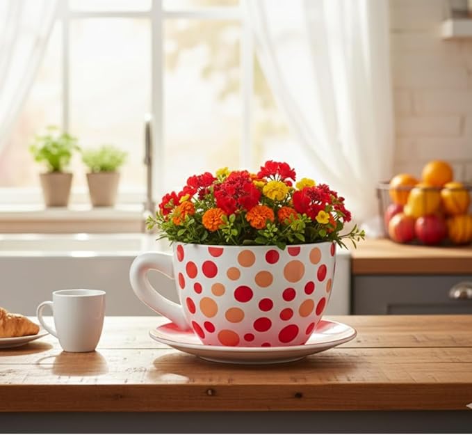7.5" Round Ceramic Teacup Shape Planter Pot with Saucer for Succulents Orchids Herbs Cactus Indoor Houseplants Flowers for Home Garden and Event Decor – Orange Polka Dot Planter