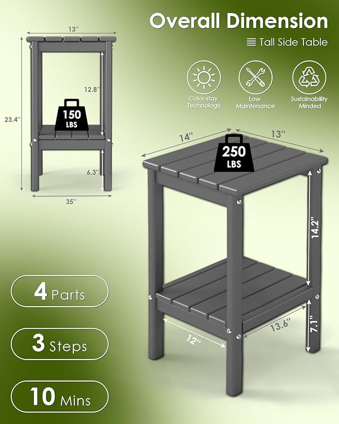 GREENVINES Tall-Outdoor-Side-Table Set of 2 | 23.5" | HDPE Plastic | Patio Adirondack End Tables | All Weather | 2-Tier | Grey | for Porch Garden Indoor & Rocking Chairs