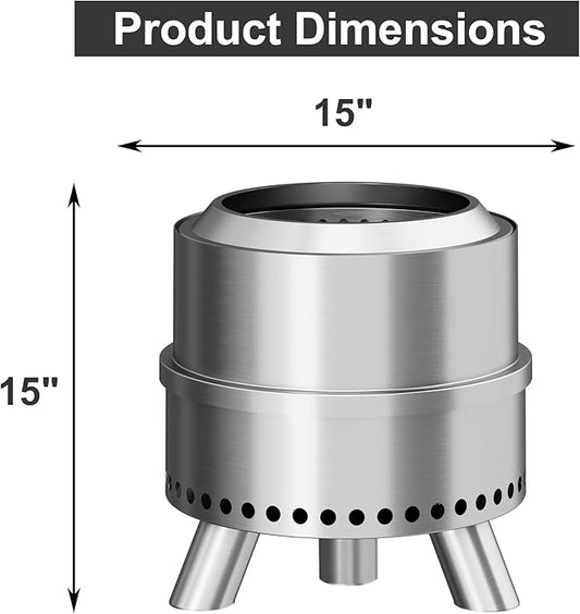 Smokeless Fire Pit, 15 Inch Portable Smokeless FirePit for Outside with Fire Poker and Carry Bag, Stainless Steel FirePit, Easy Setup and Storage, Sliver