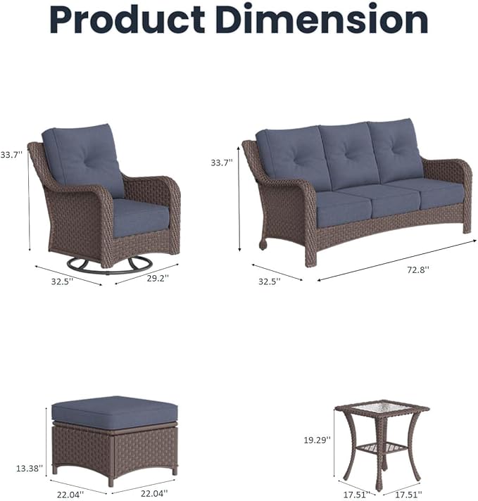 7 Pieces Outdoor Patio Furniture Sets with Rocking Swivel Chairs with 6-inch Thick Cushion and Side Table for Deck Lawn