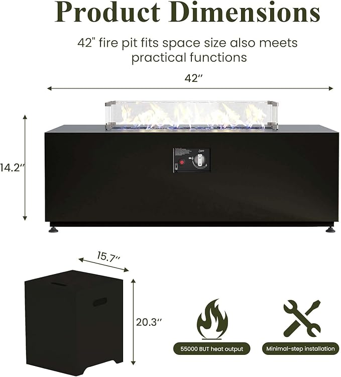 LayinSun 42 Inch Outdoor Fire Pit Table for Outside Patio, 55000BTU Rectangle Propane Firepit with Hidden Fuel Tank, Glass Wind Guard, Waterproof Cover and Lid