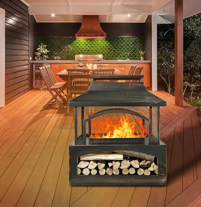 37 Inch Outdoor Fireplace, Wood Burning Fire Pit for Patio with Built-in Log Storage, Steel Rectangular Fire Table with Poker for Camping, Garden, Backyard, Antique Brass