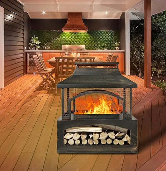37 Inch Outdoor Fireplace, Wood Burning Fire Pit for Patio with Built-in Log Storage, Steel Rectangular Fire Table with Poker for Camping, Garden, Backyard, Antique Brass
