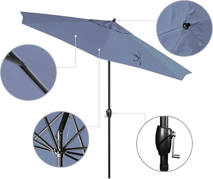 California Umbrella 9' Rd Aluminum Patio Umbrella, Crank Lift, Auto Tilt, Black Finish, Sunbrella Air Blue