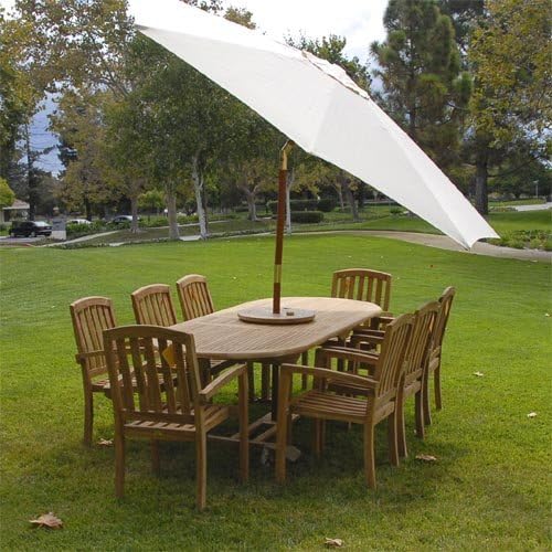 Grade-A Teak Outdoor Dining Set-95"X40" 9 Pieces | Oval Double Extension Table & 8 Java Arm Chairs & Umbrella | Wooden Outdoor Seating for Garden Fine Sanded, Natural Finish