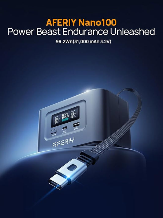 AFERIY 31000mAh Power Bank Station,100W PD3.0 Laptop Portable Charger, 145W Total Fast Charging,LiFePO4 Battery Pack 3000+ Cycles for MacBook Pro/Air/ipad/iPhone 17/16/Samsung S24/Dell/HP and More