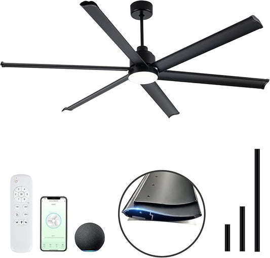 84" Smart Alexa Industrial Ceiling Fans with Light,6 Dual-Layer Aluminum Blades,Large Black Ceiling Fan with 6 Speed Noiseless DC Motor,Indoor/Outdoor Ceiling Fan for Patio