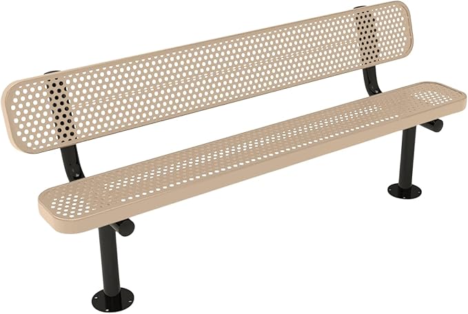 COATEDOUTDOORFURNITURE Coated Outdoor Furniture Heavy-Duty Outdoor Bench Thermoplastic Coated, Punched Steel, Commercial-Grade Seating, Made in America (Surface with Back, 6 Ft, Tan)