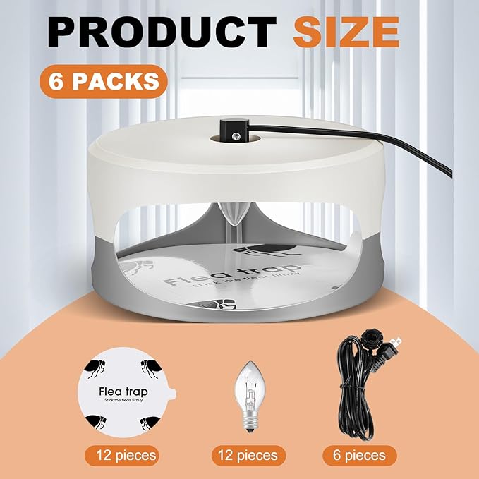 Qualirey 6 Pack Flea Traps with Sticky Disc Bulbs Flea Traps for Inside Your Home Light Trap for Indoor Safe to Pets (White Gray)