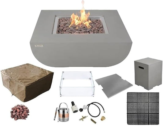 AMS Fireplace | Modeno Westport Package | Light Gray Liquid Propane Gas Fire Pit Table for Outside Patio Bundle with Tank Cover, Wind Guard, & SS Burner Lid | Free Ice Bucket & Rubber Mat