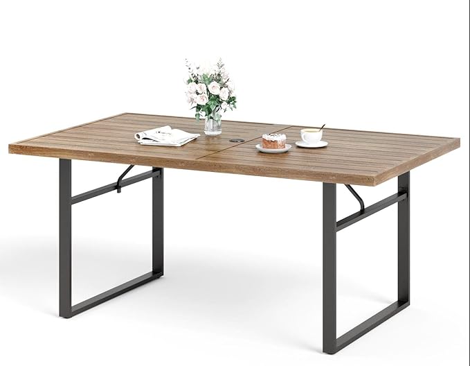 64" Patio Dining Table for 6,Teak Color Rectangle Patio Table with Umbrella Hole,E-Coating and Powder Coating Steel Frame Metal Outdoor Patio Table for Garden Backyard Lawn Yard