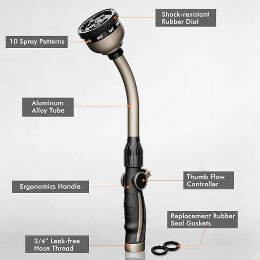 RESTMO Watering Wand Heavy Duty, Metal Garden Hose Wand with 10 Spray Patterns, 15-Inch Long Hose Nozzle Sprayer with Thumb Flow Control, Ideal to Water Hanging Baskets and Shrubs