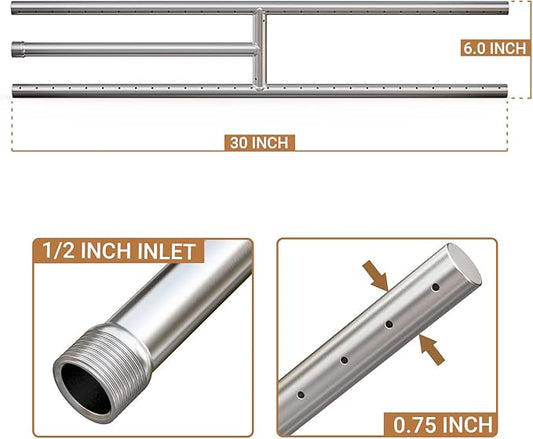 Onlyfire Stainless Steel Fireplace H-Burner for Natural Gas & Propane Fire Pit and Fireplace, 30 x 6 Inch Rectangular DIY Firepit H Burner for Indoor and Outdoor, BTU Max 150,000
