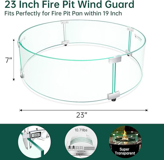 Fire Pit Wind Guard - 23" x 23" x 7" Round Glass Wind Guard for Outdoor Gas Fire Pit Table, Clear Tempered Glass with Hard Aluminum Brackets, Easy Assembly