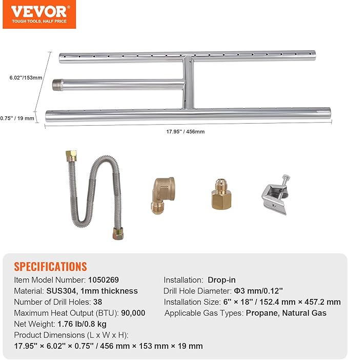 VEVOR 6 x 18 inch Drop-in Fire Pit Pan, Rectangular Stainless Steel Fire Pit Burner, Natural & Propane Gas Fire Pan H-Burner 90,000 BTU for Indoor or Outdoor Use