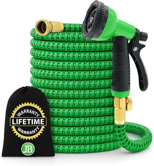 J&B XpandaHose 75ft Expandable Garden Hose with Holder - Heavy Duty Superior Strength 3750D - 4 -Layer Latex Core - Extra Strong Brass Connectors and 10 Spray Nozzle w/Storage Bag (Green 75)