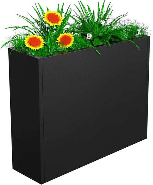 Tall Metal Planter Box, 38" L x 10" W x 30" H Large Outdoor Planters with Drainage & Adjustable Shelf, Heavy Duty Steel Rectangular Planter for Patio, Balcony, Indoor(Black)