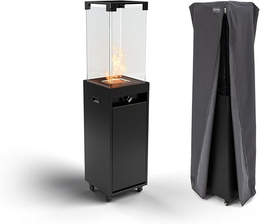 Planika Faro 41,000 BTU Propane Patio Heater 59" Modern Freestanding Glass Tower with Wheels, Smokeless 360° Flame, Cover & Regulator Included for Commercial & Residential Outdoor Spaces