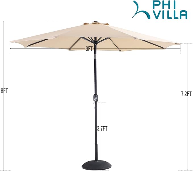 PHI VILLA 9ft Patio Umbrella Clearance, Outdoor Market Table Umbrellas with 8 Ribs and Push Button Tilt for Garden Deck & Poolside (No Base)
