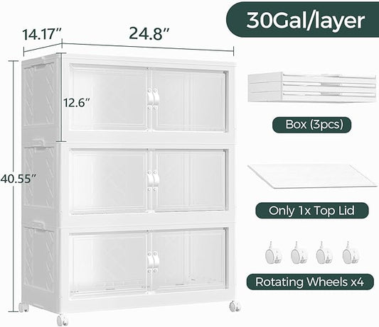 90Gal Stackable Storage Bins with Lid, 360Qt Extra Large Collapsible Storage Box with Doors and Wheels, Plastic Closet Organizer and Storage Cabinet Drawer For Home Kitchen, 3Pack White